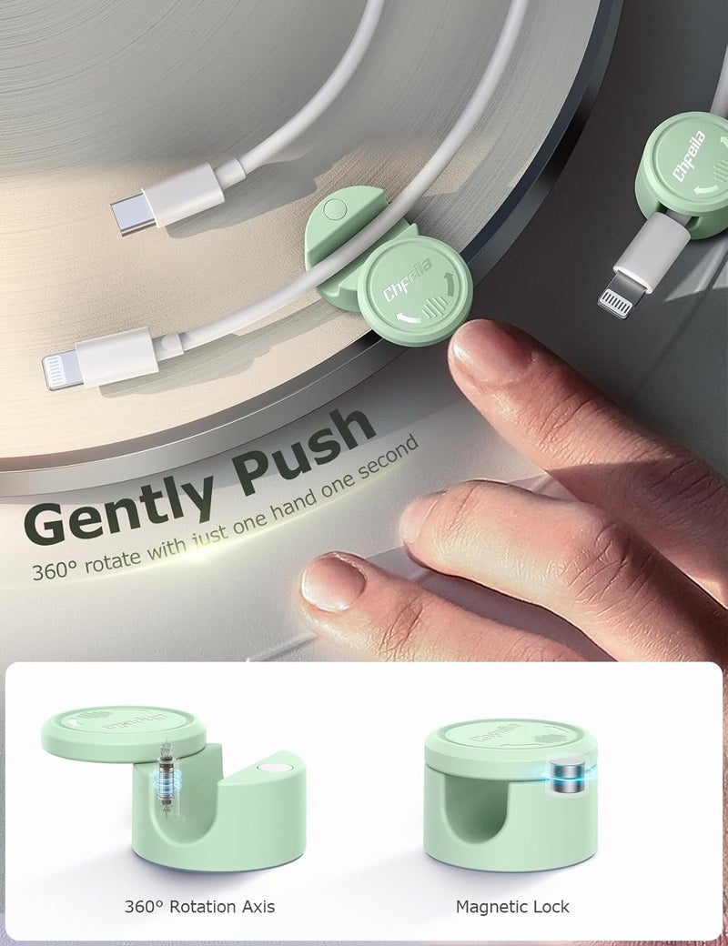 Chfeila 9 Pack Magnetic Cable Clips - [Upgraded Twist-Lock] Cord Organizer, [360°Rotating Lid] Cable Management, Adhesive Wire Holder for Home Office Desk Desktop Nightstand Car Table Wall (Green) - Image 2